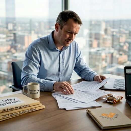 Facilities manager reviewing LED safety compliance