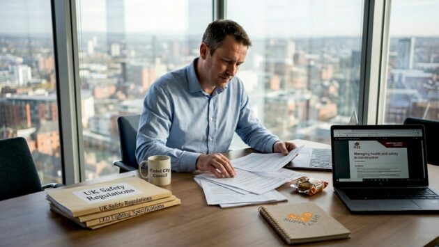 Facilities manager reviewing LED safety compliance