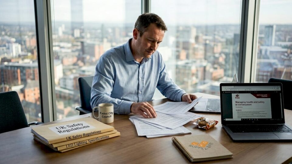 Facilities manager reviewing LED safety compliance