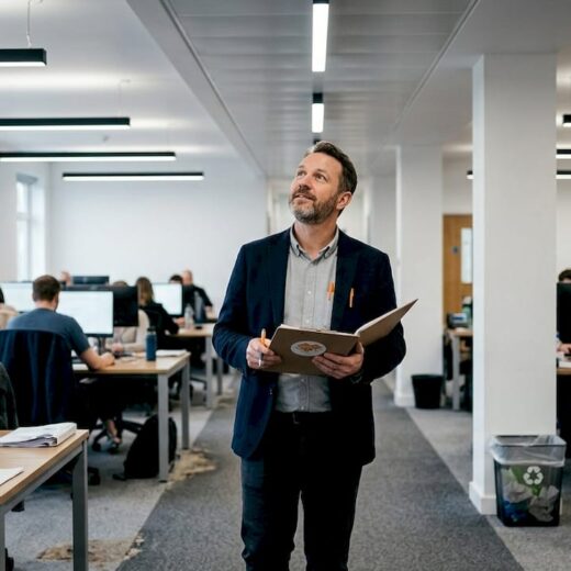 Office manager checking LED lighting installation