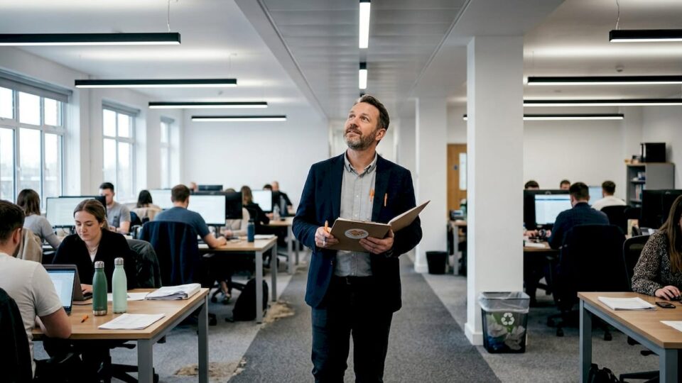 Office manager checking LED lighting installation