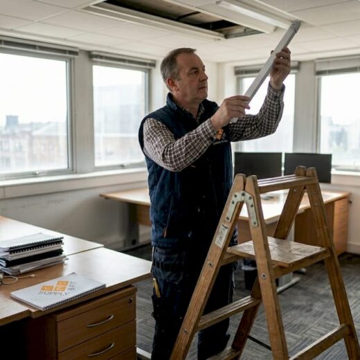 Manager replacing old office ceiling lighting