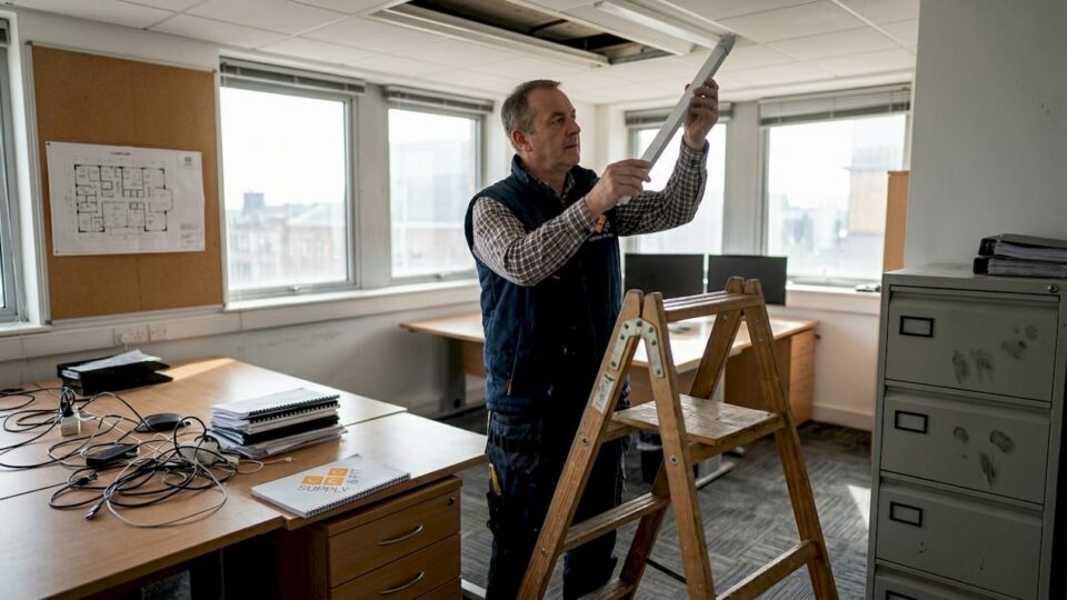 Manager replacing old office ceiling lighting