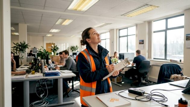 Manager conducting lighting audit in commercial office