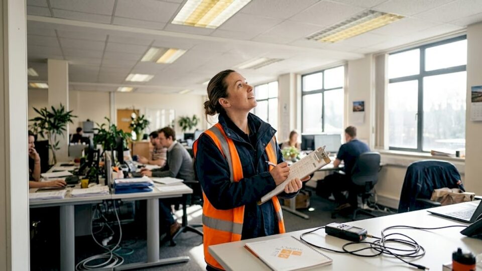 Manager conducting lighting audit in commercial office