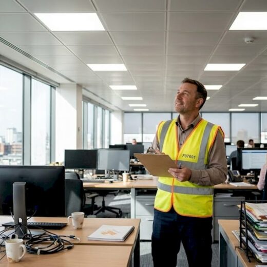 Manager assessing office LED lighting installation