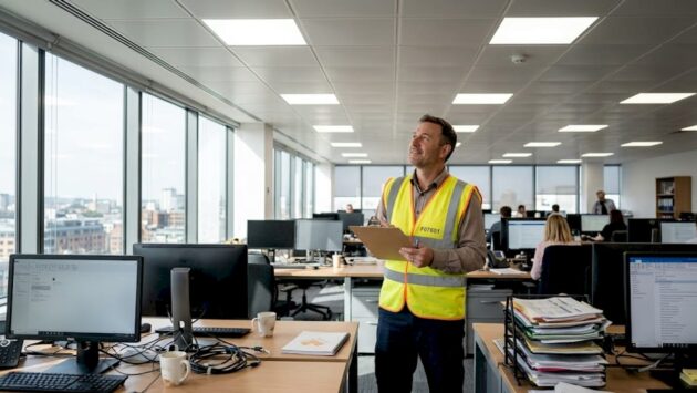 Manager assessing office LED lighting installation