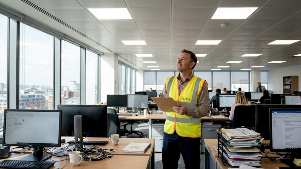 Manager assessing office LED lighting installation