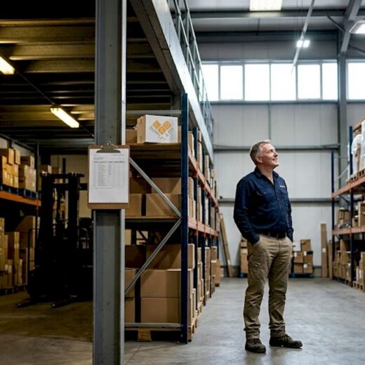 Lighting demonstration in warehouse aisle with staff