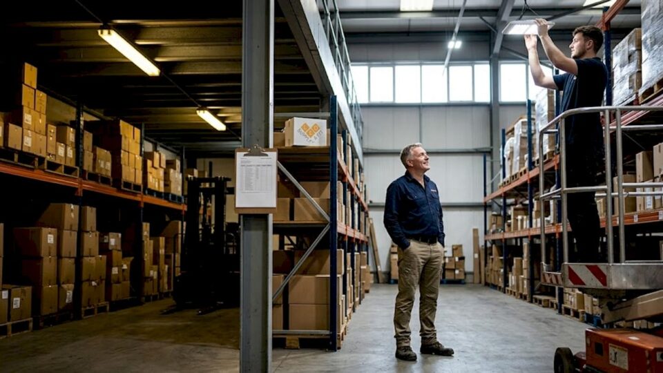 Lighting demonstration in warehouse aisle with staff