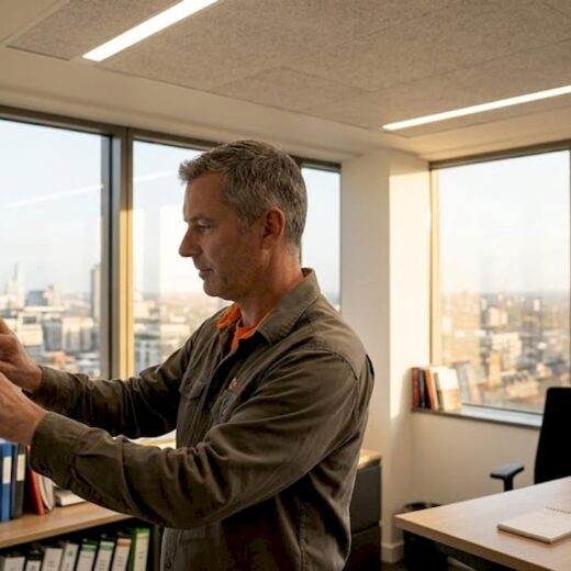 Manager adjusting smart LED settings in office