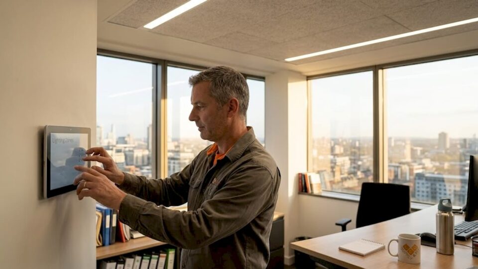 Manager adjusting smart LED settings in office