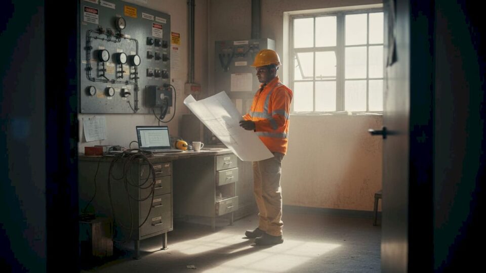 Safety officer inspecting hazardous area lighting