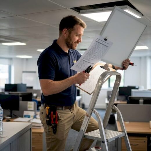 Facilities manager installing LED office ceiling panel