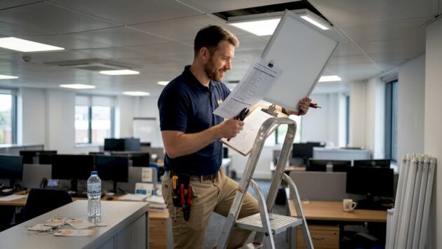 Facilities manager installing LED office ceiling panel