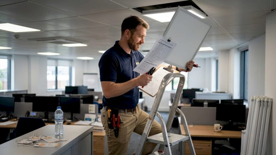 Facilities manager installing LED office ceiling panel