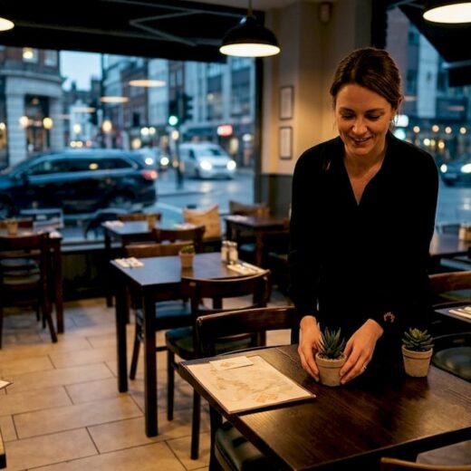 Restaurant manager arranging tables with LED lighting
