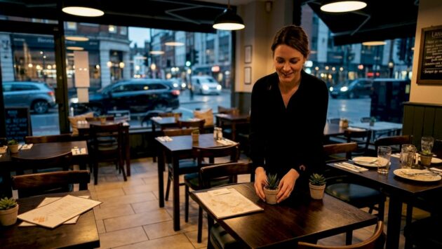 Restaurant manager arranging tables with LED lighting
