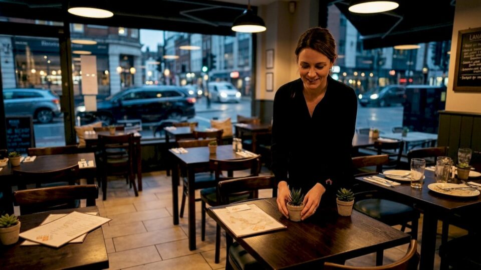 Restaurant manager arranging tables with LED lighting
