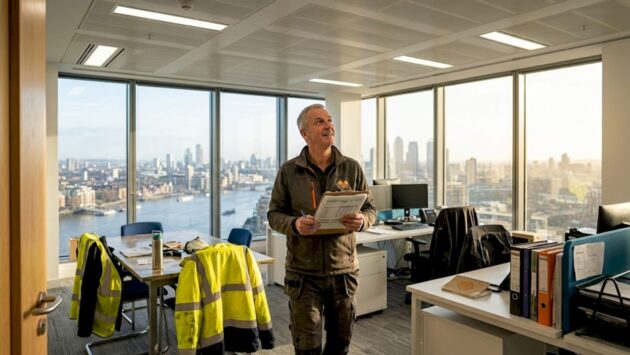 Facilities manager checking office lighting safety