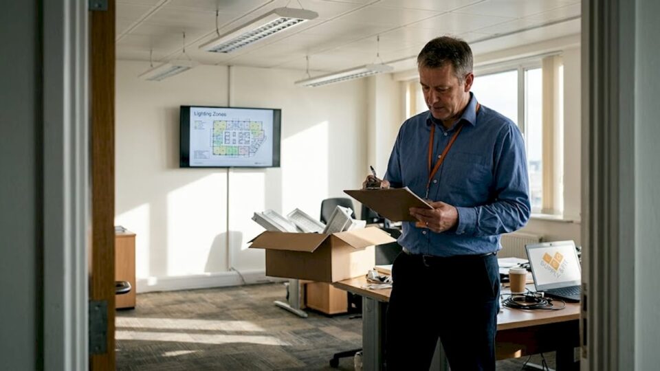 Facilities manager surveying LED upgrade in office