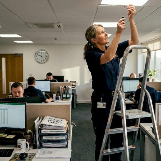 Manager inspecting LED lighting panel in office