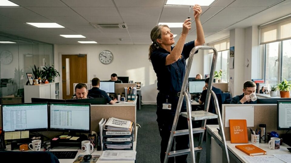Manager inspecting LED lighting panel in office