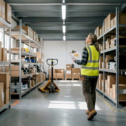 Warehouse supervisor inspecting lighting aisle