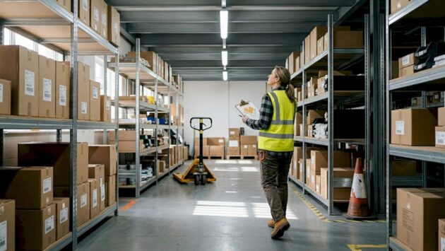 Warehouse supervisor inspecting lighting aisle
