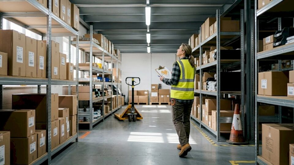 Warehouse supervisor inspecting lighting aisle