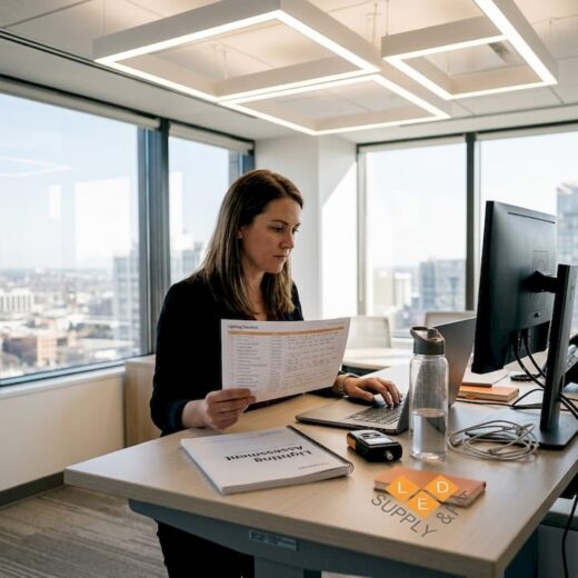 Office manager reviewing lighting checklist at desk