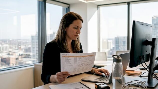 Office manager reviewing lighting checklist at desk