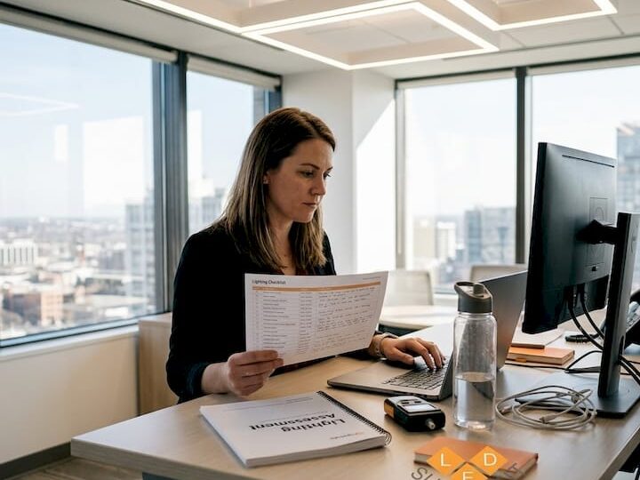 Office manager reviewing lighting checklist at desk