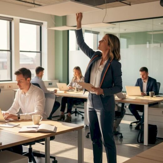 Office manager adjusting modern workspace lighting