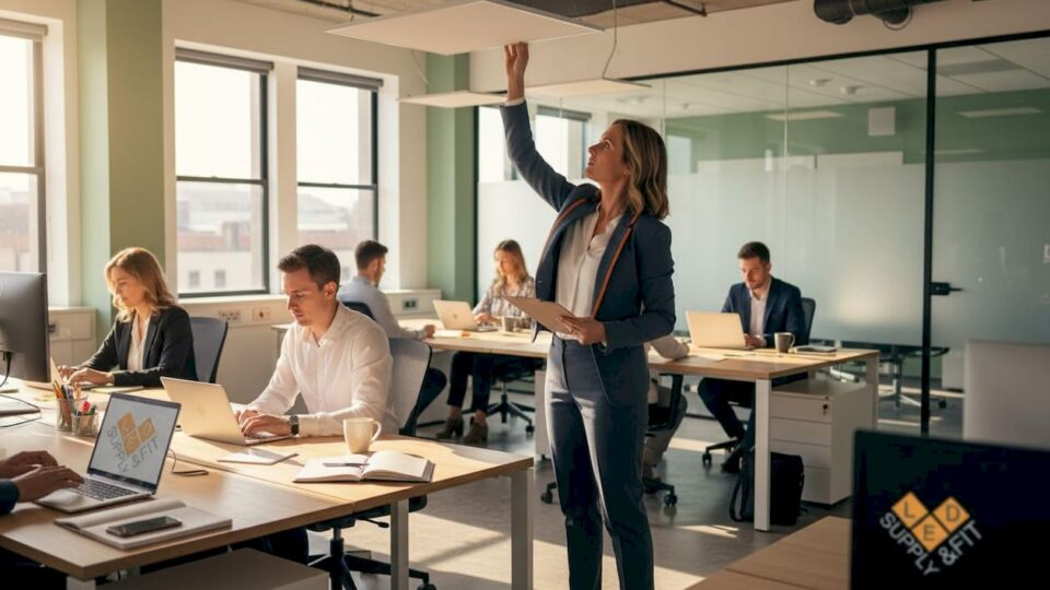 Office manager adjusting modern workspace lighting