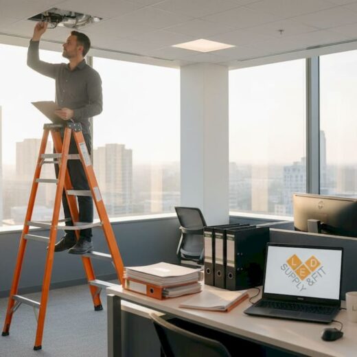 Manager inspecting office lighting fixture