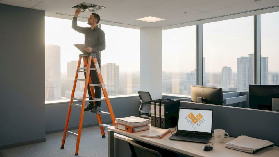 Manager inspecting office lighting fixture