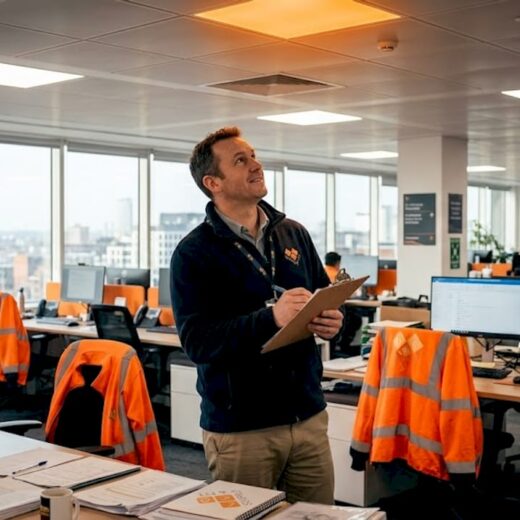 Manager inspects lighting in open-plan UK office