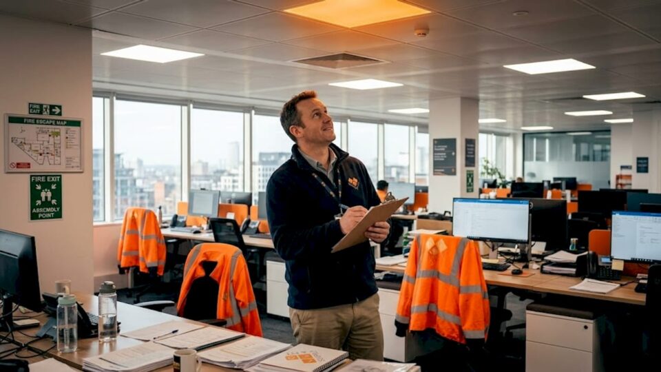 Manager inspects lighting in open-plan UK office