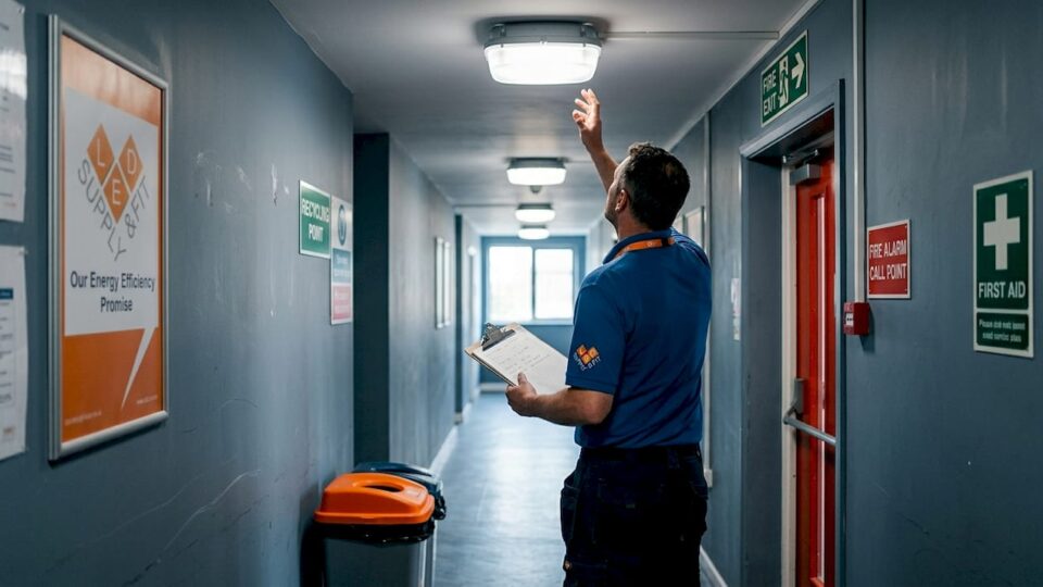 Manager inspecting corridor bulkhead lighting in office