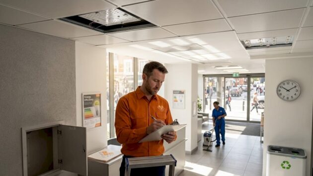 Manager inspecting lobby LED lighting system