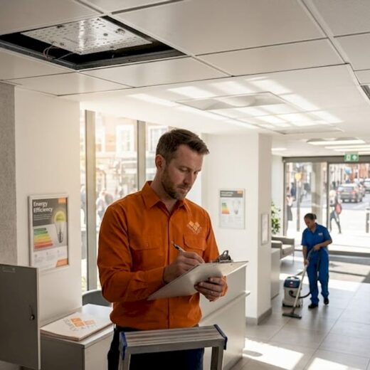Manager inspecting lobby LED lighting system