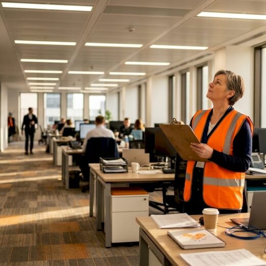 Facilities manager inspecting LED lights in office