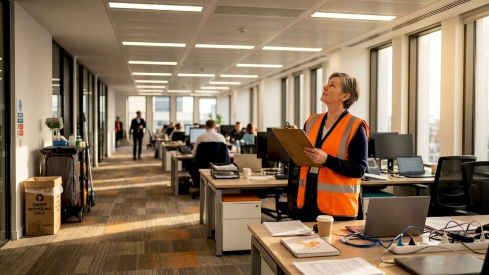 Facilities manager inspecting LED lights in office