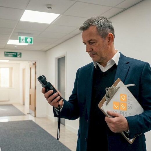 Facilities manager measuring LED office lighting