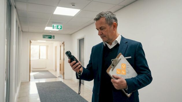 Facilities manager measuring LED office lighting