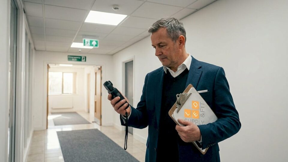 Facilities manager measuring LED office lighting