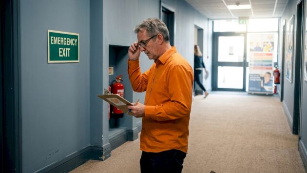 Facilities manager inspecting corridor emergency lights