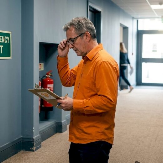 Facilities manager inspecting corridor emergency lights