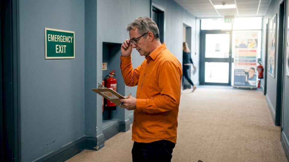 Facilities manager inspecting corridor emergency lights